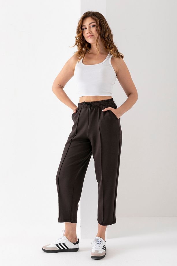 Kadın Kahverengi Modal Balon Model Likralı Pantolon Yumuşak Doku Beli Lastikli Çımalı Bilek Pantolon - 2