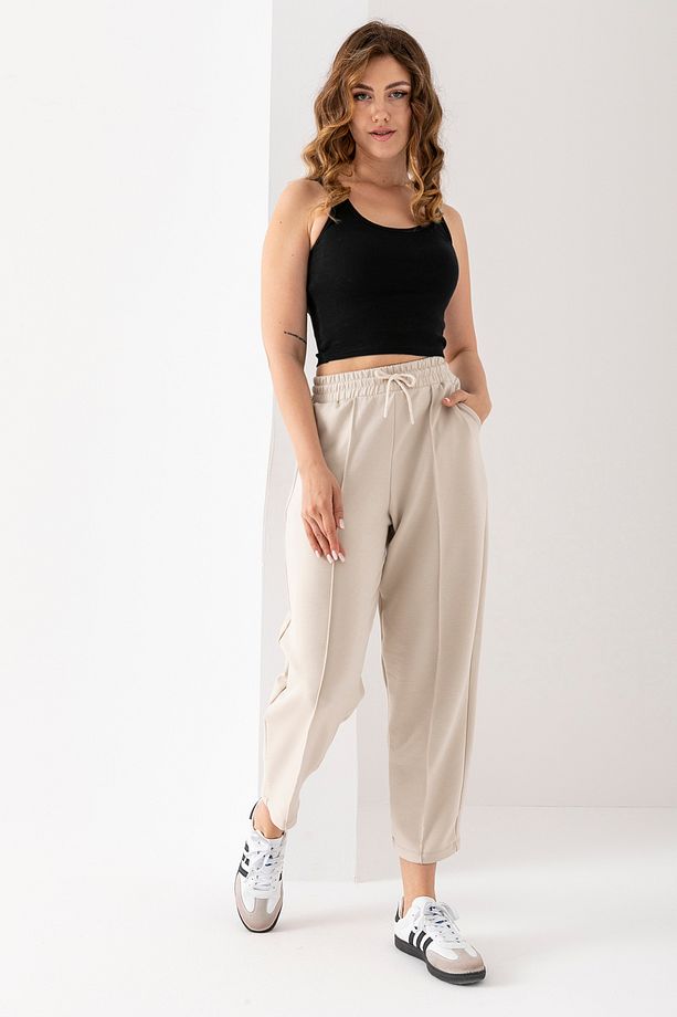 Kadın Bej Modal Balon Model Likralı Bej Pantolon Yumuşak Doku Beli Lastikli Çımalı Bilek Pantolon - 3