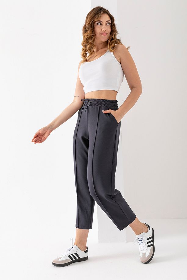 Kadın Füme Renk Modal Balon Model Likralı Pantolon Yumuşak Doku Beli Lastikli Çımalı Bilek Pantolon - 3