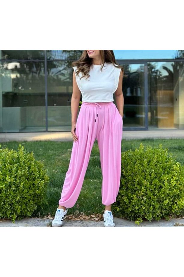 YUMUŞAK DOKU BELİ LASTİKLİ ŞALVAR PANTOLON - 4
