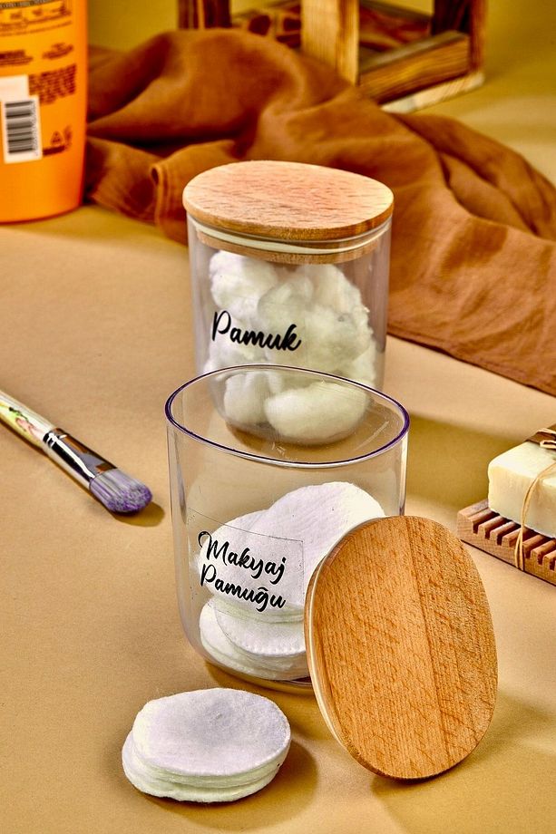 2'li Ahsap Kapaklı Pamuk & Makyaj Pamuğu Saklama Kutusu - Organizeri 400 Ml Akrilik Set - 2