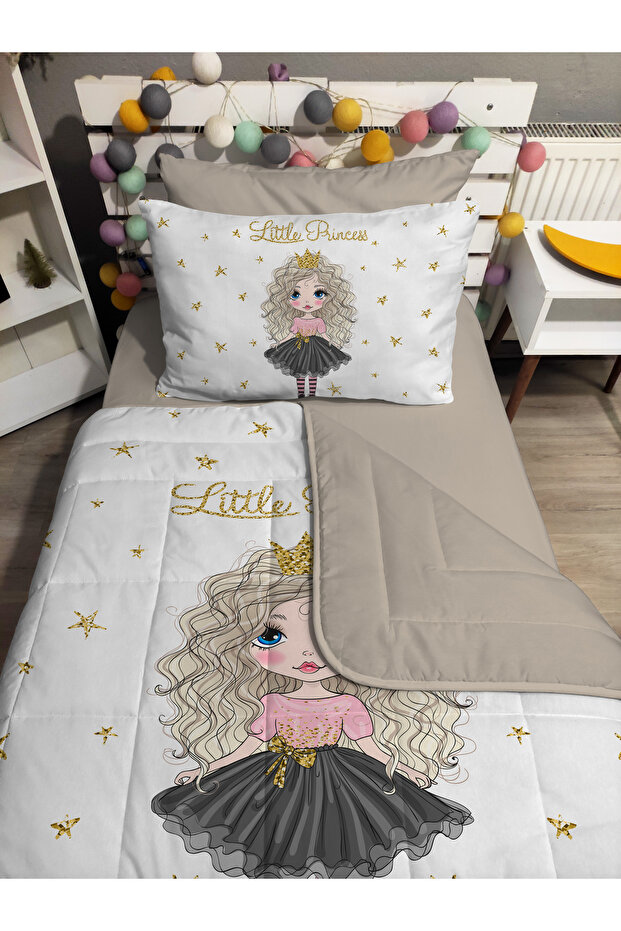 Quilted Beige Pirencess 4-Piece (100% Cotton 100X200 with Elastic Sheets) Single Bedspread Set