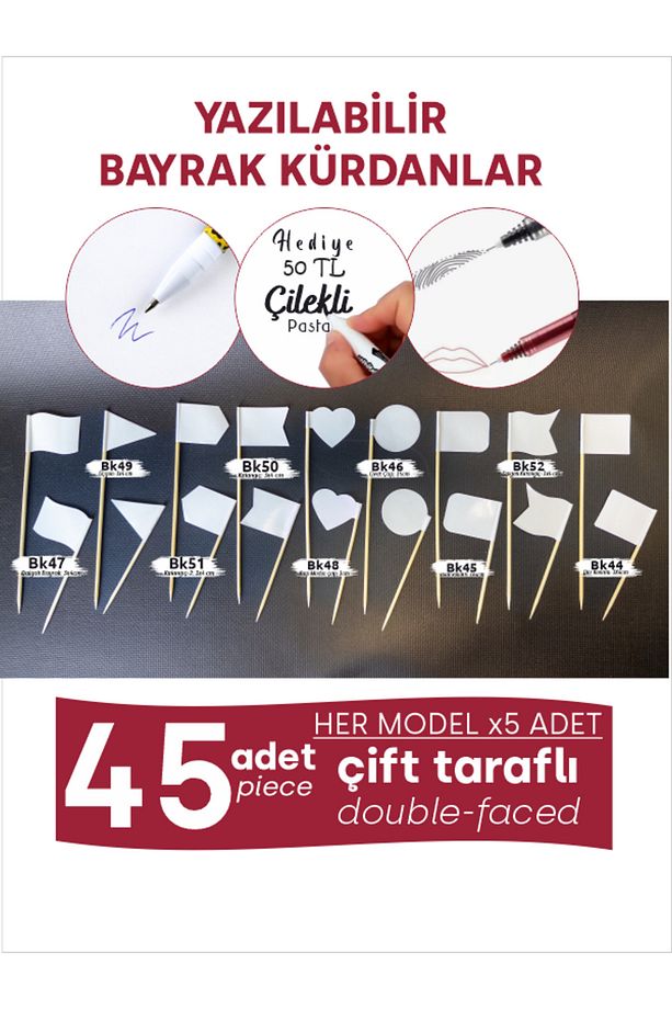 Üzerine Yazı Yazabileceğiniz 9 Farklı Bayrak Modeli, Her Modelden x5 Adet, Toplam 45 Adet, 15cm - 3