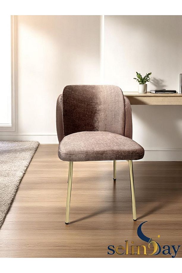 6 Kişilik Elysia Gold Line Ceviz Masa Takımı BabyFace Kumaş MDF Lak Panel Masa - 6