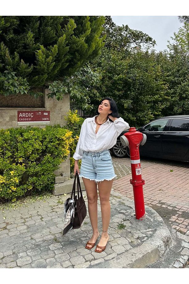 Kadın Yüksek Bel Denim Kot Şort Mavi - 6