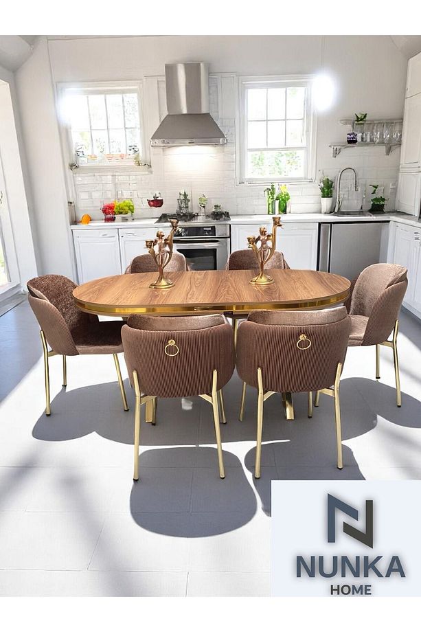 6 Kişilik Arya Gold Line BabyFace Kumaş Mdf Lak Panel Ceviz Masa Takımı Modern Ve Şık - 1