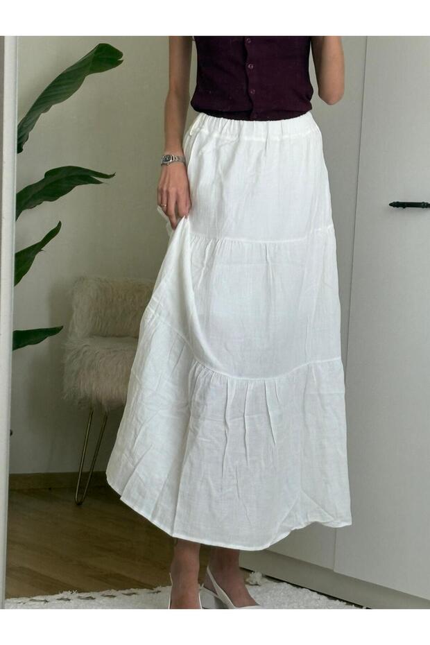 Beyaz Basic Pileli Kadın Uzun Etek - 3