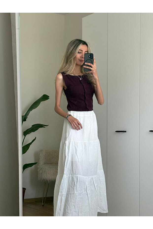Beyaz Basic Pileli Kadın Uzun Etek - 4