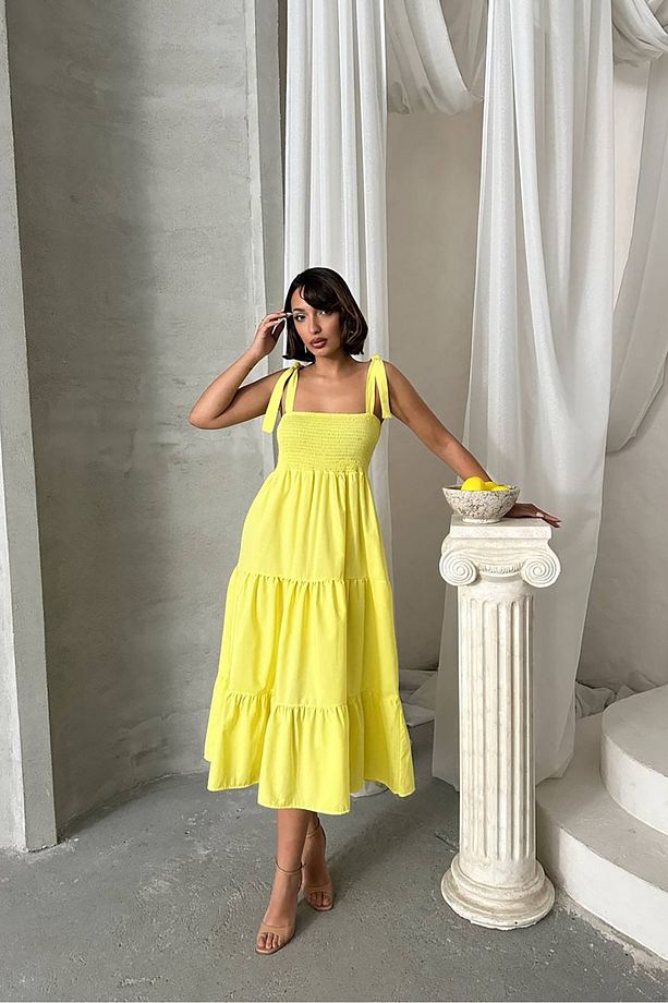 kadın sarı askılı poplin kumaş yazlık elbise NBG091 - 3