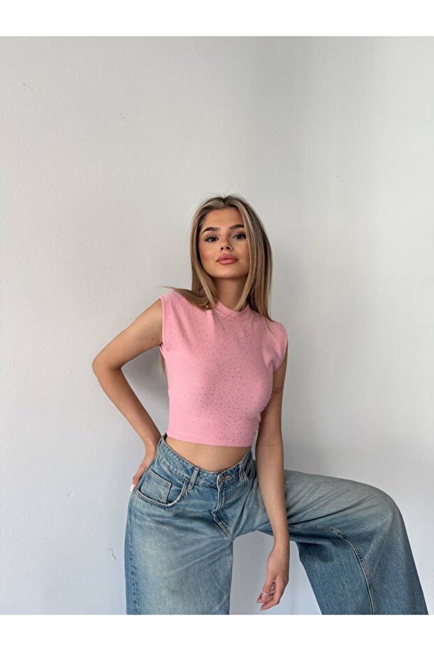 Kadın Taşlı Crop - 3
