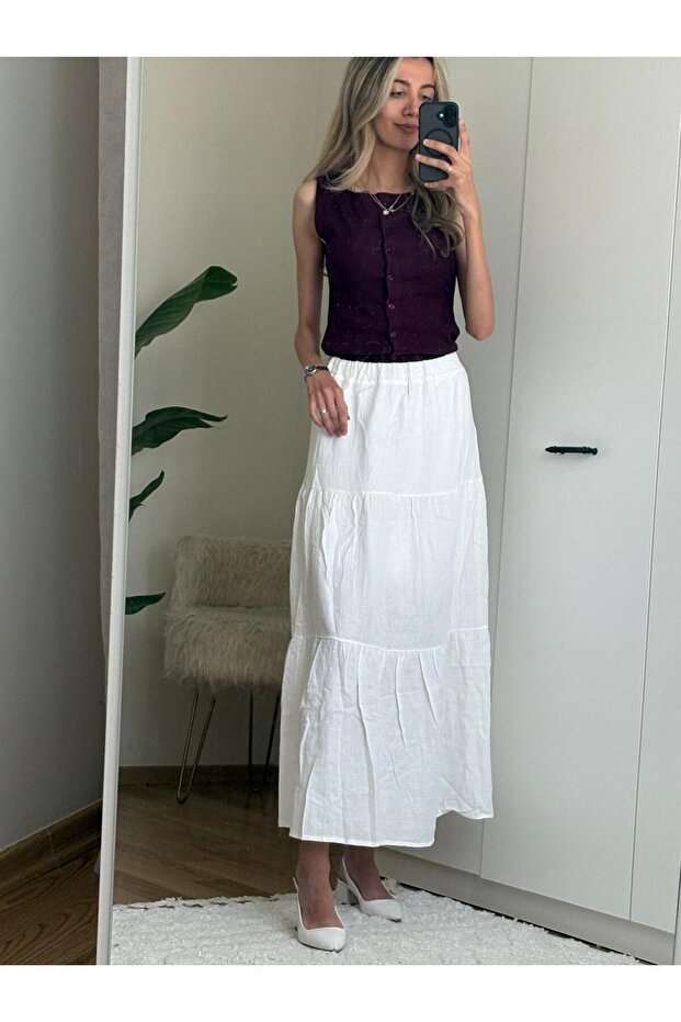 Beyaz Basic Pileli Kadın Uzun Etek - 1