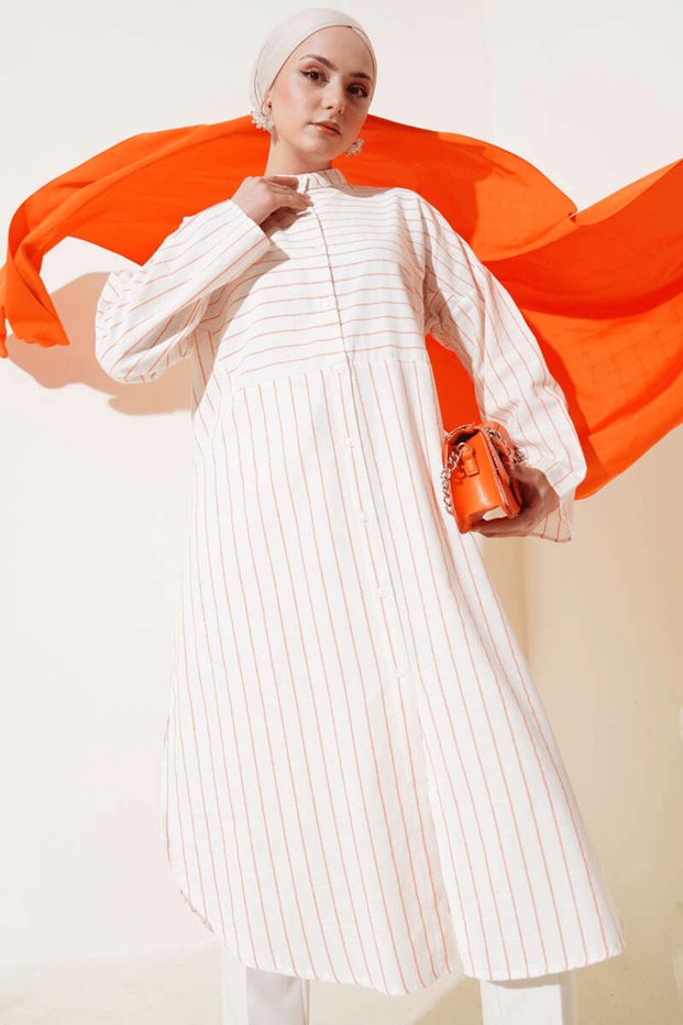 Asymmetrical Striped Long Linen Shirt Orange