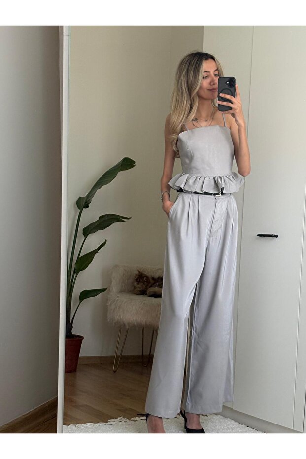 Gray Design Blouse Pants Set - 3