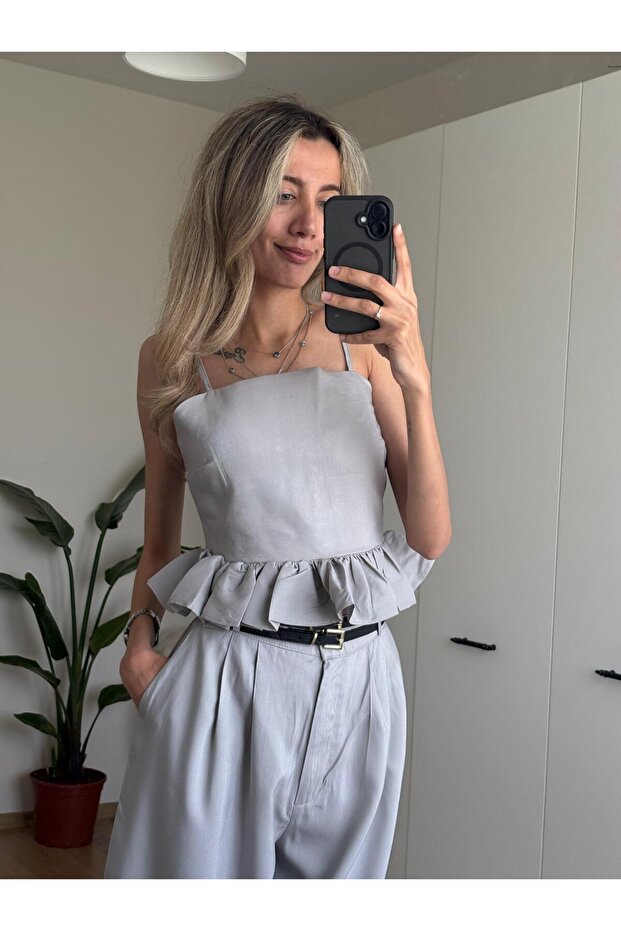 Gray Design Blouse Pants Set - 7