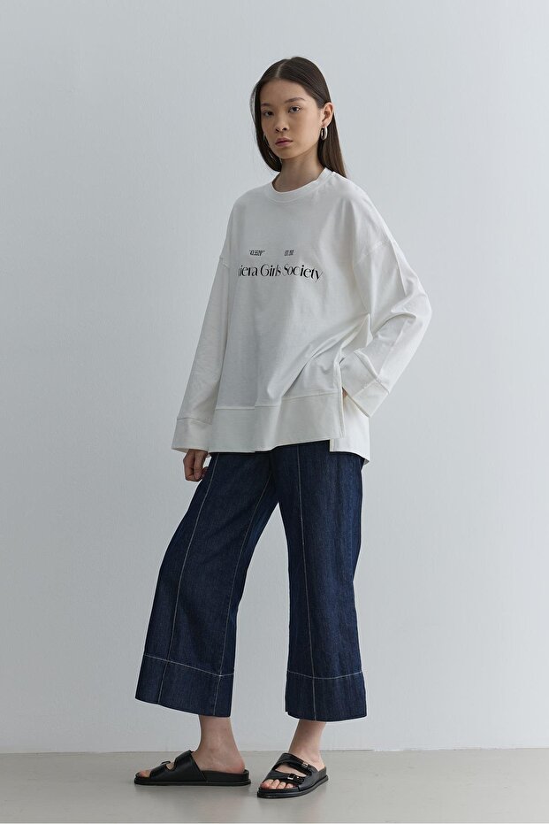 Baskılı Kalın Katlamalı Sweatshirt Ekru - 1