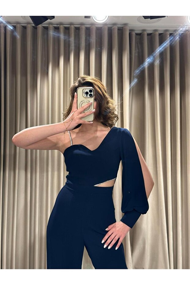 Lacivert Tek Kol Pencere Detaylı Tulum 1453 - 4