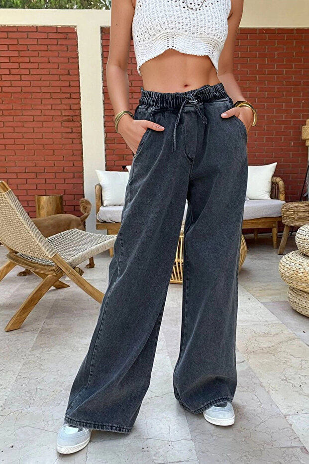 Anthracite Elastic Waist Wide-Leg Pocketed Washable Jeans