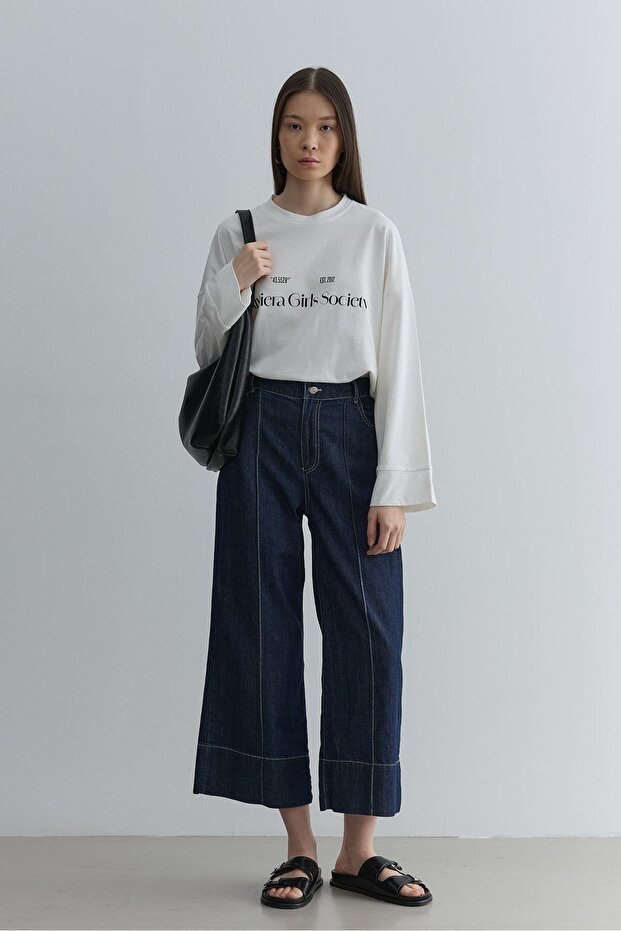 Baskılı Kalın Katlamalı Sweatshirt Ekru - 6