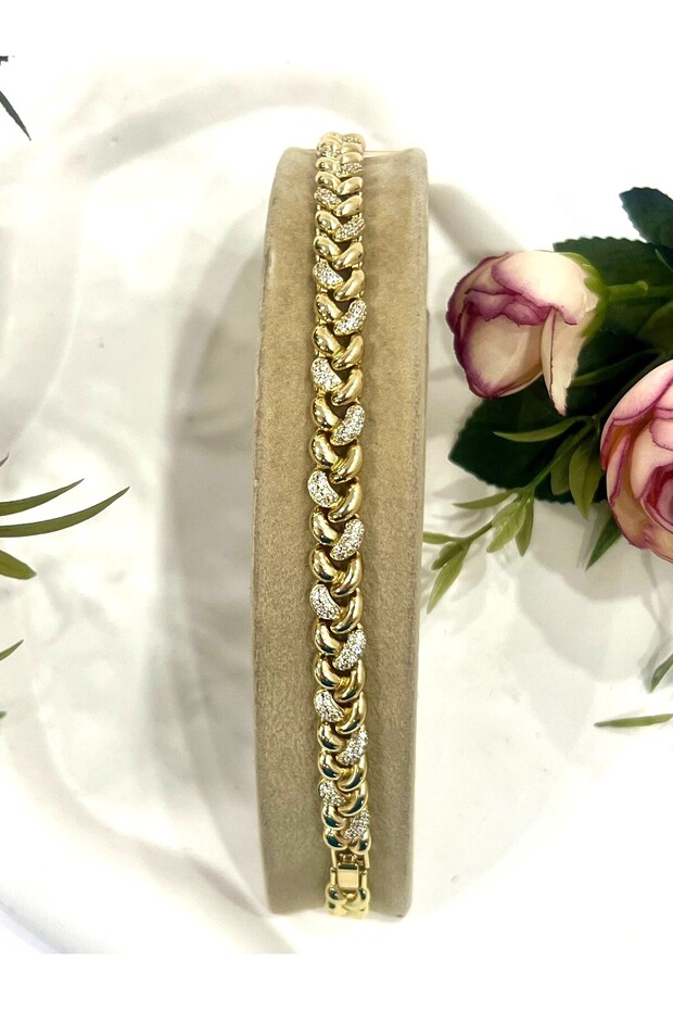 VIP Zirkon Taşlı Desenli Örme Bileklik (14K Gold/16-18cm) - 5