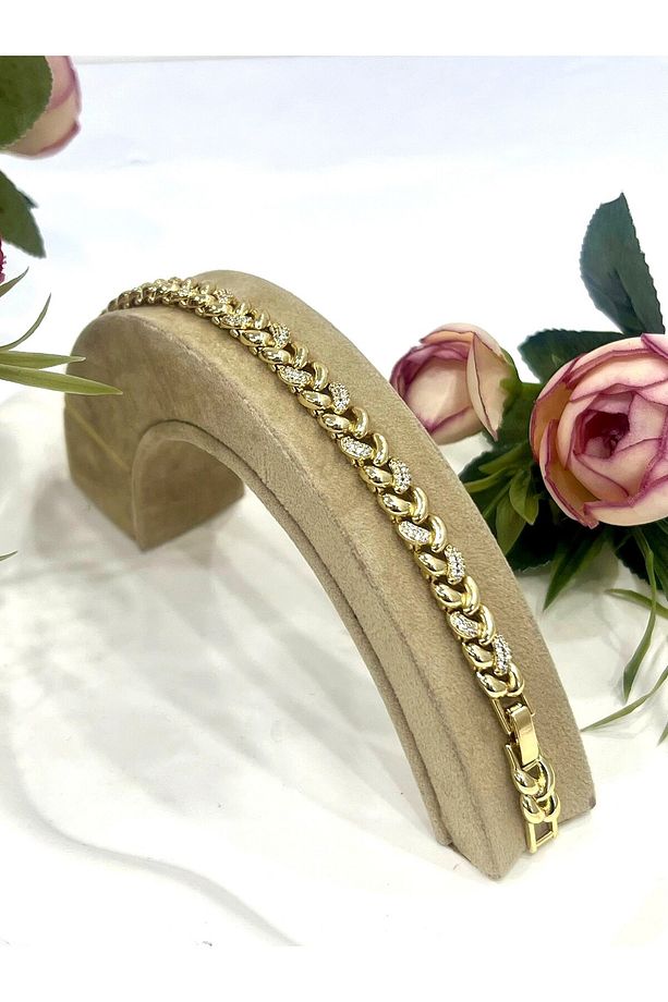 VIP Zirkon Taşlı Desenli Örme Bileklik (14K Gold/16-18cm) - 4