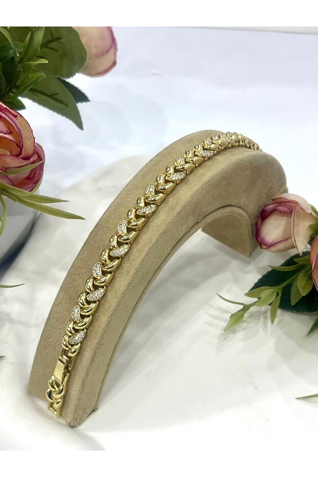 VIP Zirkon Taşlı Desenli Örme Bileklik (14K Gold/16-18cm) - 1