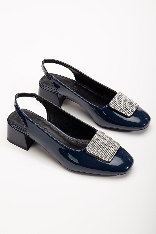 Large Size Women's Short Heeled Shoes Navy Blue Square Stone Open Heel