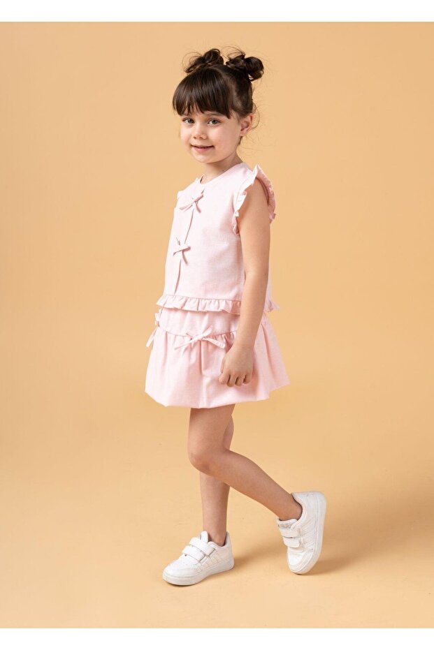 Girls' Cotton Bow Ruffled Set - Sleeveless Top and Skirt Summer Two-Piece Set