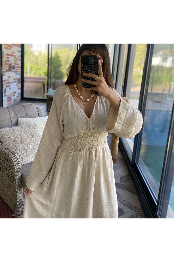 BOHO HAM KETEN ELBİSE - 4