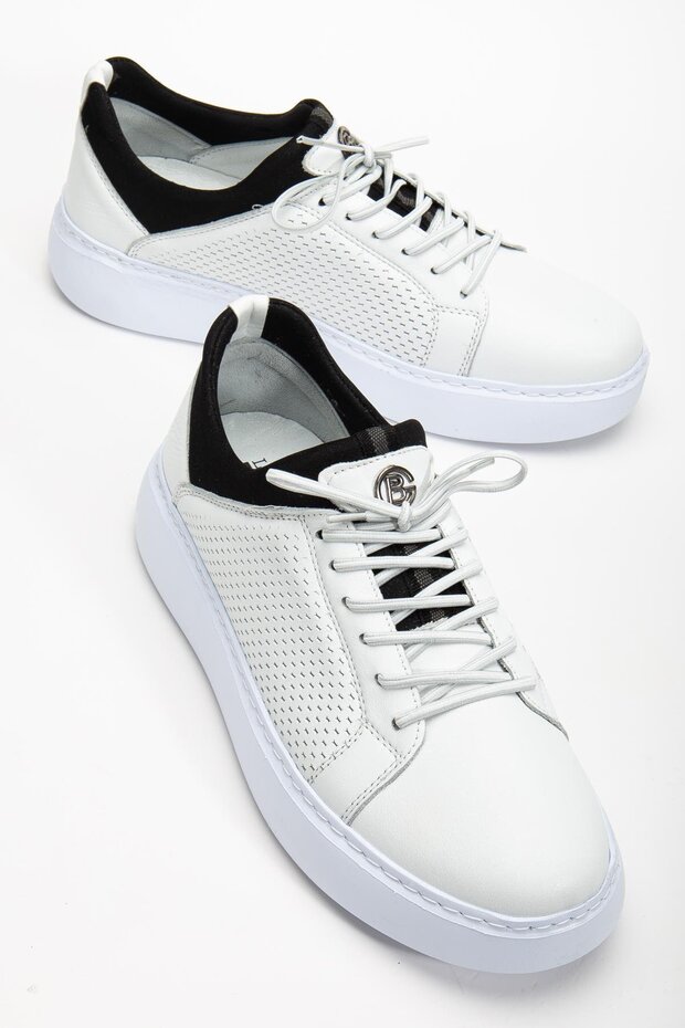 Genuine Leather Men's Casual Shoes White Stretch and Elastic Laced Eva Sole
