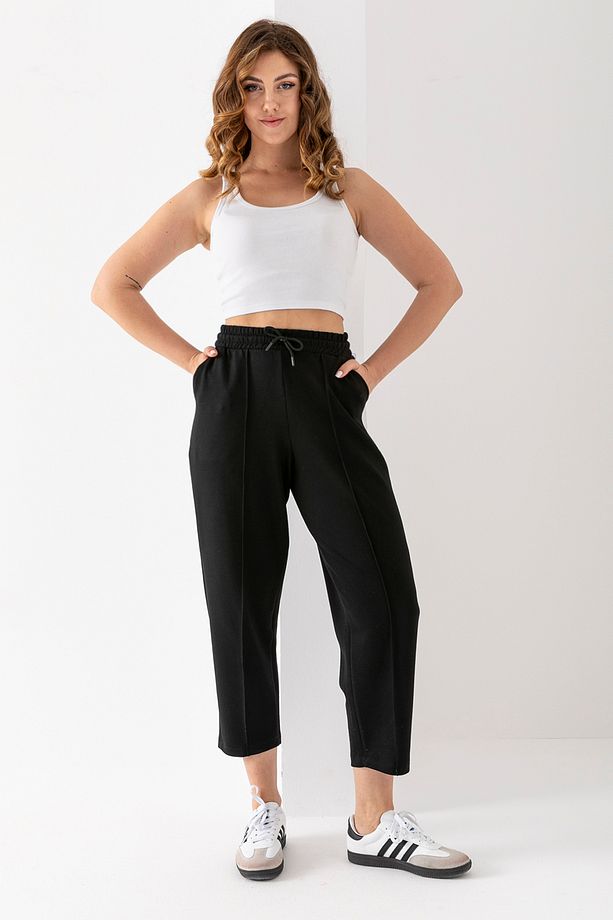 Kadın Siyah Modal Balon Model Likralı Pantolon Yumuşak Doku Beli Lastikli Çımalı Bilek Pantolon - 1