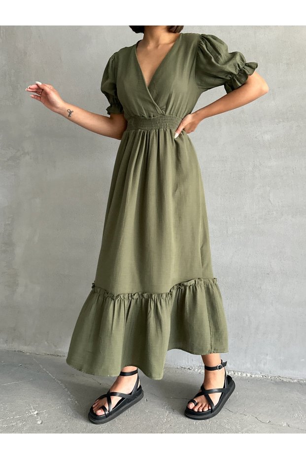 Women's Khaki Double Breasted Collar Gimped Muslin Dress