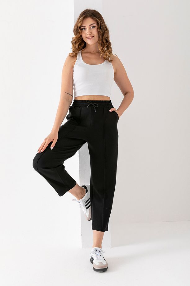 Kadın Siyah Modal Balon Model Likralı Pantolon Yumuşak Doku Beli Lastikli Çımalı Bilek Pantolon - 2