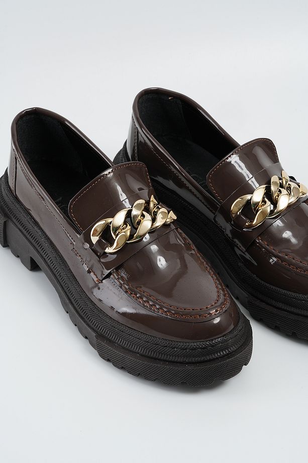 Kadın Kahverengi Rugan Zincirli Kalın Taban Loafer Makosen Ayakkabı 4,5cm BYNDLFRK02 - 6