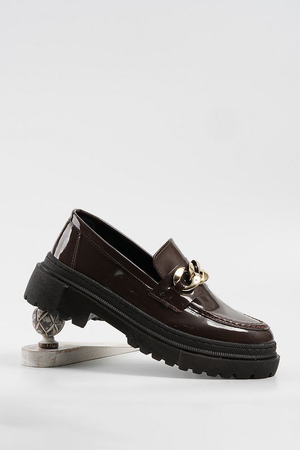 Kadın Kahverengi Rugan Zincirli Kalın Taban Loafer Makosen Ayakkabı 4,5cm BYNDLFRK02 - 5