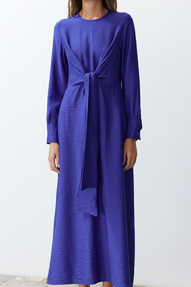 Saks Beli Bağlama Detaylı Dokuma Elbise TCTSS23EB00221 - 5