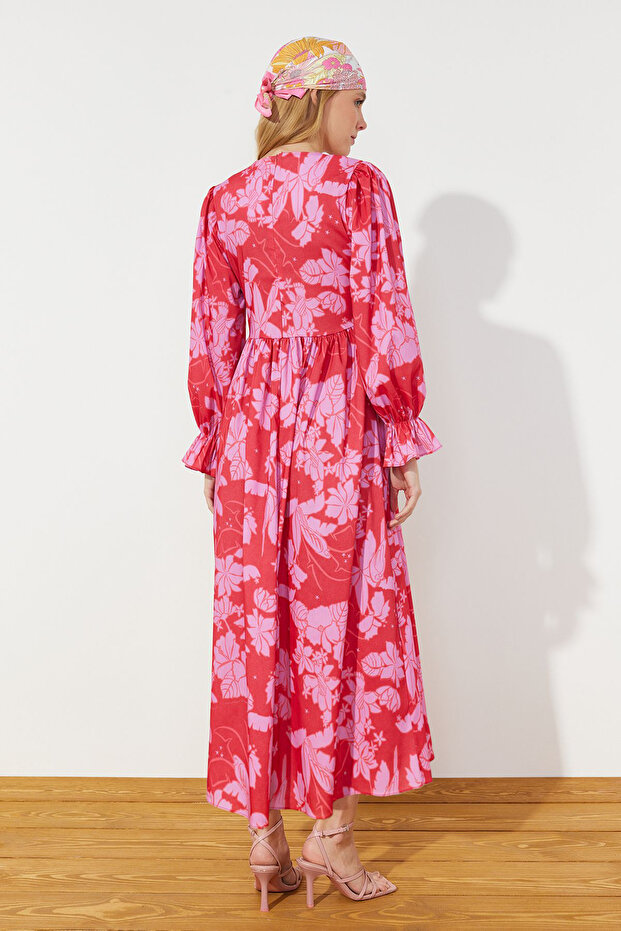 Červené elastické tkané šaty s velkým květinovým potiskem TCTSS24EB00109 - 7