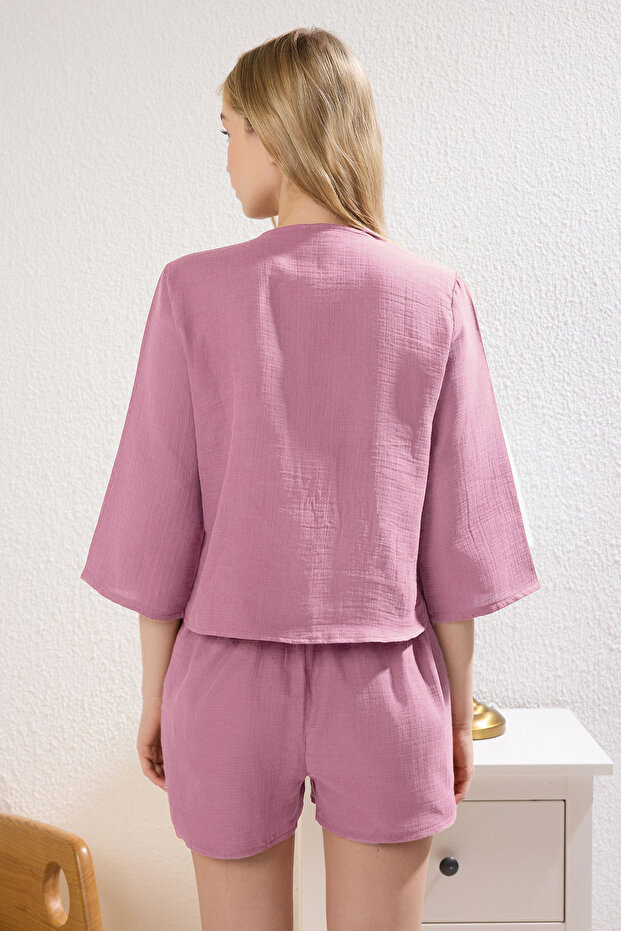 Pembe %100 Pamuklu Bağlama/Kurdele/Fiyonk Detaylı Müslin Şortlu Dokuma Pijama Takımı THMSS24PT00077 - 5