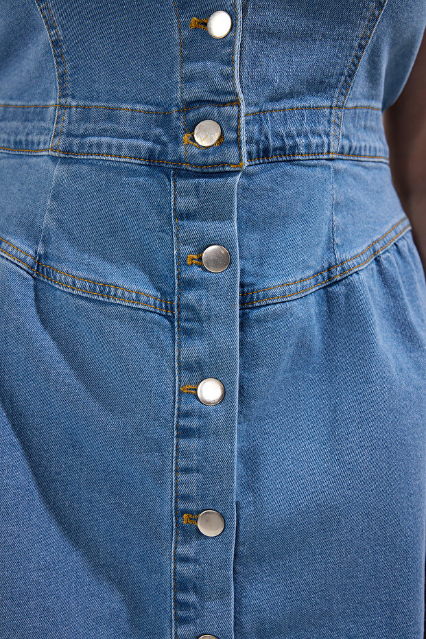Açık Mavi Ceket Yaka A-line Comfort/Orta Esnek Denim Büyük Beden Elbise TBBSS25AH00118 - 3