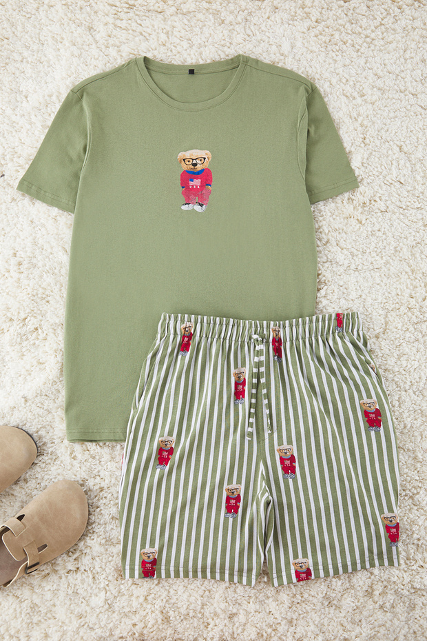 Haki Regular Fit Baskılı Örme Şortlu Pijama Takımı TMNSS24PT00034 - 2