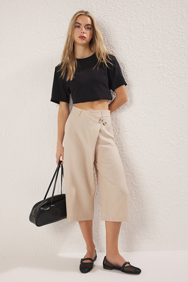 Bej Keten Görünümlü Culotte Pantolon TWOSS25PL00079 - 1