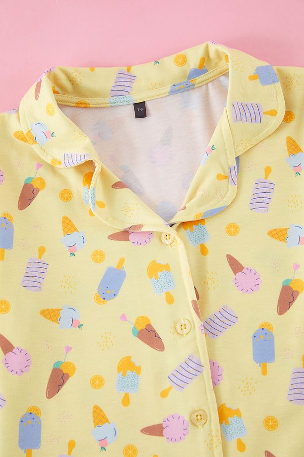 Sarı Kız Çocuk Hayvan Baskılı Gömlek Yaka Alt Üst Pijama Takımı TKDSS25PT00001 - 3