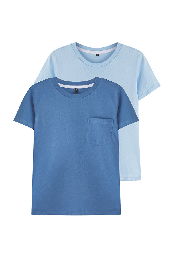Indigo-Açık Mavi 2'li Erkek Çocuk %100 Pamuk Basic Kısa Kol Örme T-Shirt TKDSS25TS00018 - 1