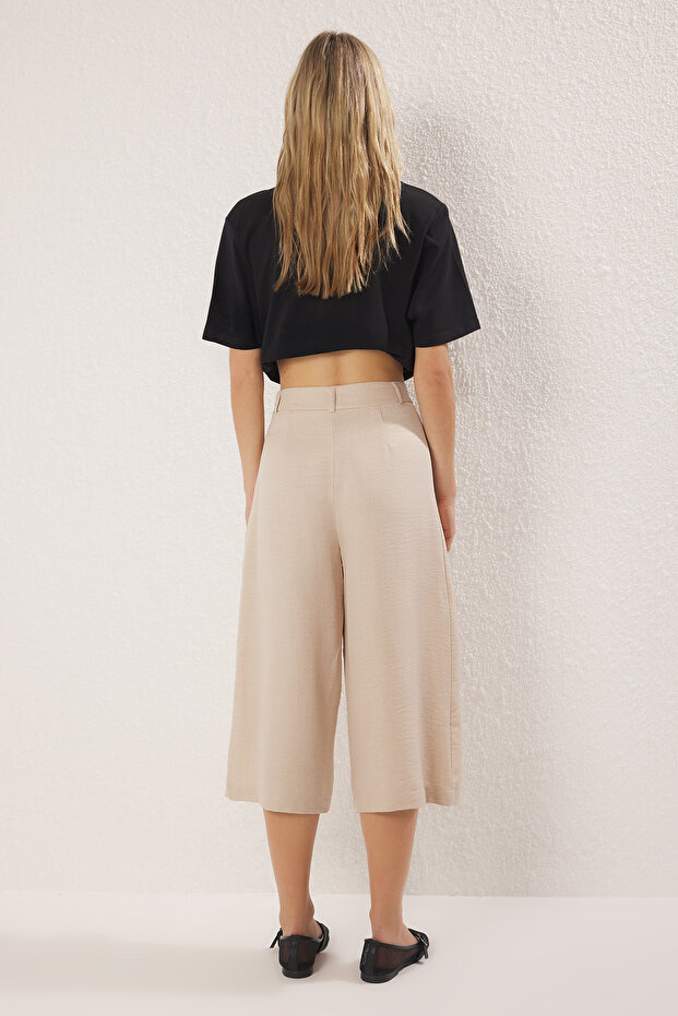 Bej Keten Görünümlü Culotte Pantolon TWOSS25PL00079 - 4