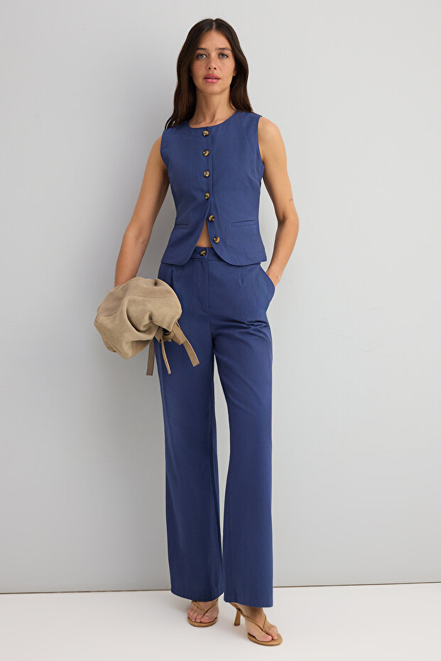 Indigo Gabardin Pamuklu Yelek Geniş Paça Pantolon Dokuma Alt-Üst Takım TWOSS25AU00112 - 2