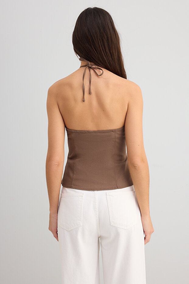 Açık Kahverengi Pamuklu İnce Gabardin Halter Yaka Dokuma Bluz TWOSS25BZ00536 - 6