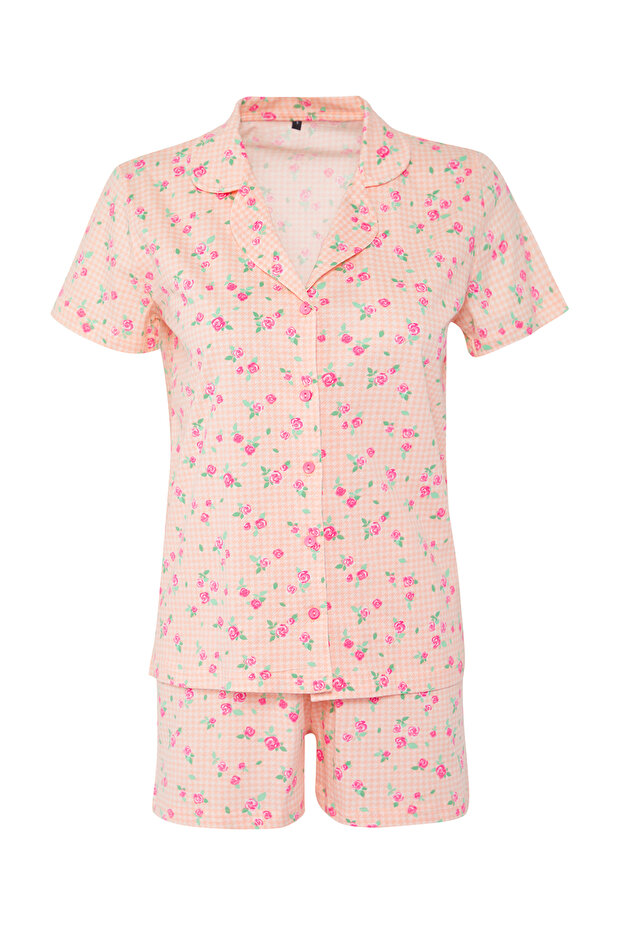 Pembe %100 Pamuklu Pötikareli Çiçekli Şortlu Örme Pijama Takımı THMSS25PT00364 - 5