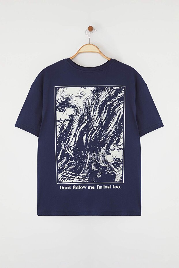 Lacivert Sırt Baskılı Büyük Beden T-shirt TBBSS25BF00081 - 5