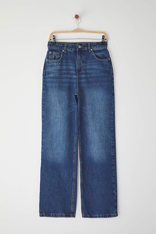 Koyu Mavi Yüksek Bel Wide Leg Geniş Paça %100 Pamuk Non-Stretch Jeans TWOSS25JE00276 - 5