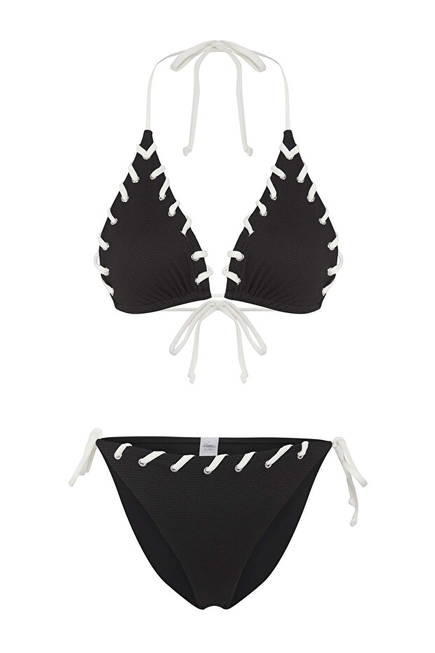 Siyah Kuşgözü Detaylı Üçgen Kaplı Regular Normal Bel Bikini Takımı TBESS25BT00045 - 5