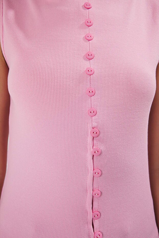 Pembe Düğmeli Fitted/Vücuda Oturan Fitilli Esnek Örme Bluz TWOSS24BZ00306 - 3